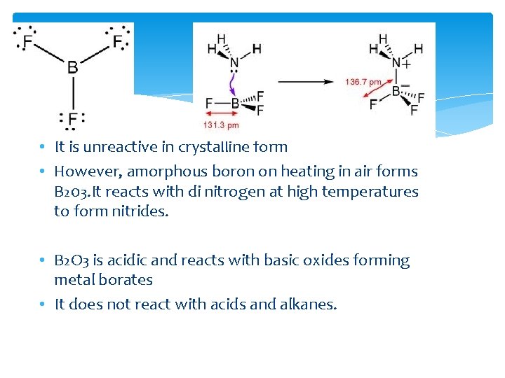  • It is unreactive in crystalline form • However, amorphous boron on heating
