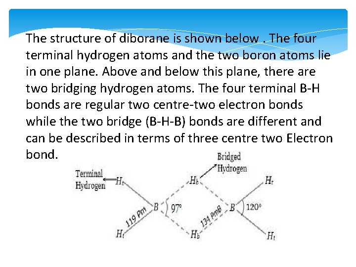 The structure of diborane is shown below. The four terminal hydrogen atoms and the
