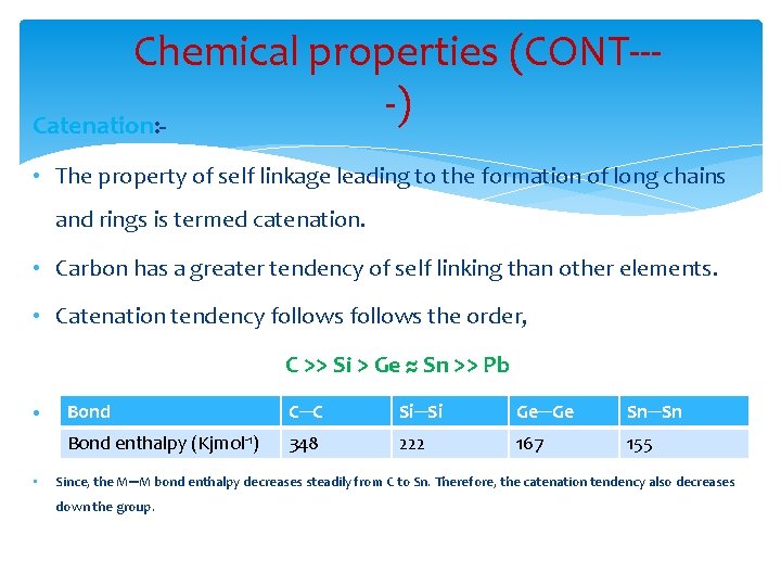 Chemical properties (CONT---) Catenation: • The property of self linkage leading to the formation