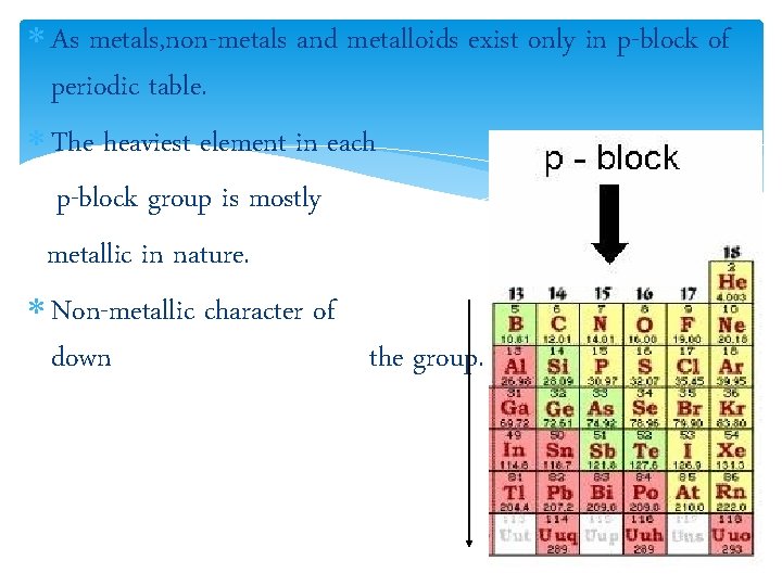  As metals, non-metals and metalloids exist only in p-block of periodic table. The