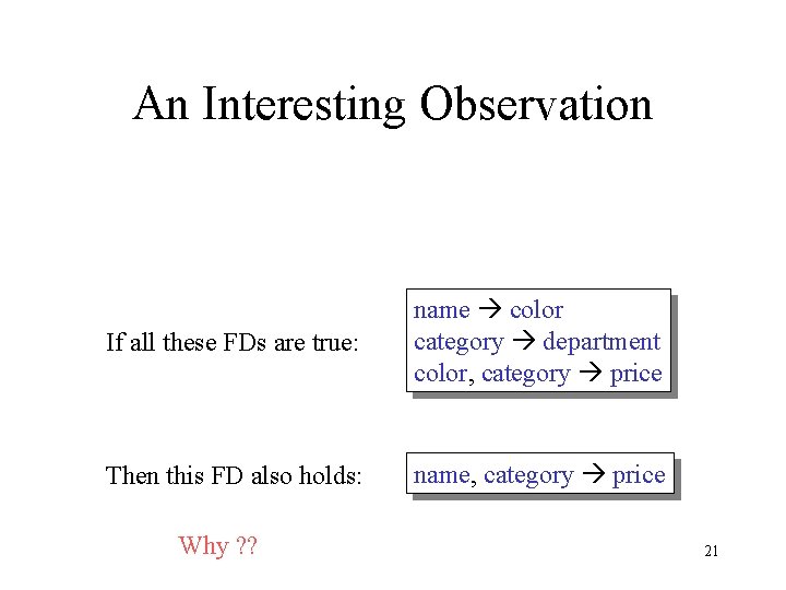 An Interesting Observation If all these FDs are true: name color category department color,