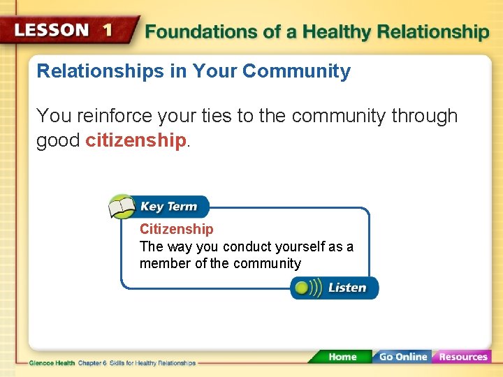 Relationships in Your Community You reinforce your ties to the community through good citizenship.