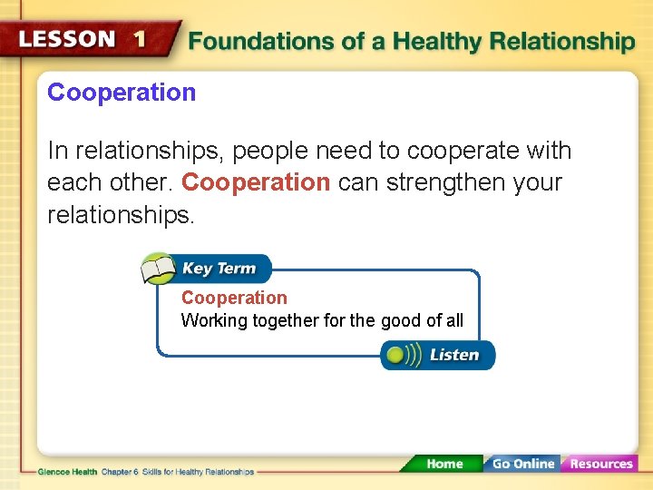 Cooperation In relationships, people need to cooperate with each other. Cooperation can strengthen your