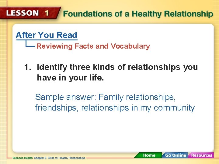 After You Read Reviewing Facts and Vocabulary 1. Identify three kinds of relationships you