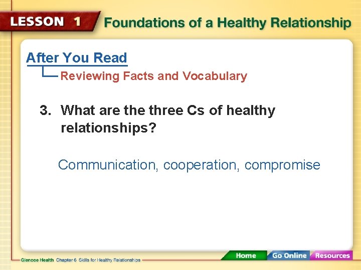 After You Read Reviewing Facts and Vocabulary 3. What are three Cs of healthy