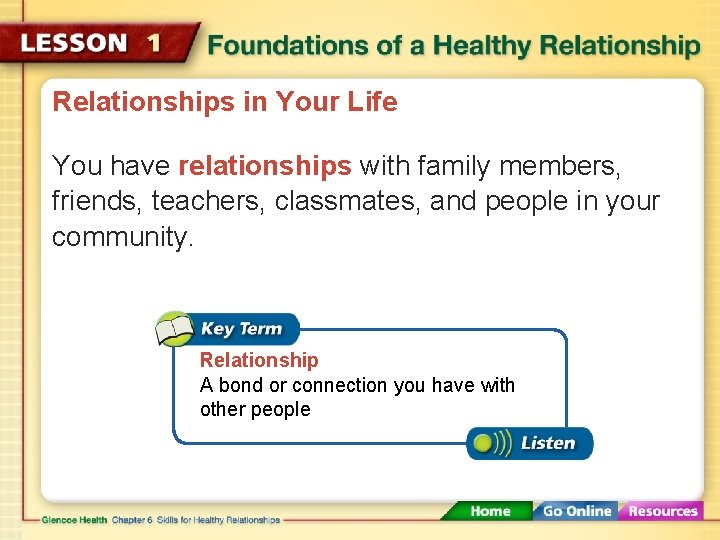 Relationships in Your Life You have relationships with family members, friends, teachers, classmates, and