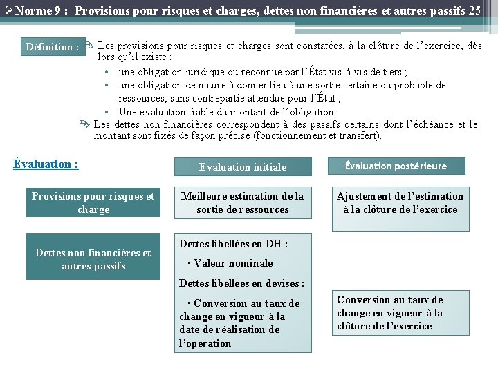 ØNorme 9 : Provisions pour risques et charges, dettes non financières et autres passifs