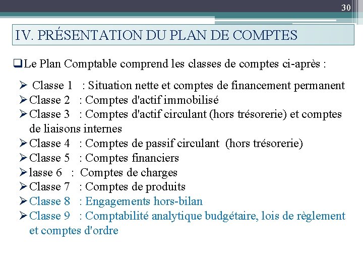 30 IV. PRÉSENTATION DU PLAN DE COMPTES q. Le Plan Comptable comprend les classes