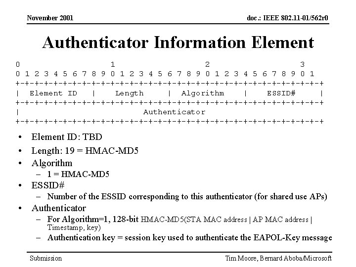 November 2001 doc. : IEEE 802. 11 -01/562 r 0 Authenticator Information Element 0