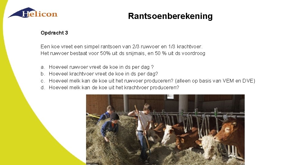 Rantsoenberekening Opdracht 3 Een koe vreet een simpel rantsoen van 2/3 ruwvoer en 1/3