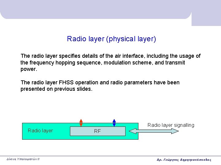 Radio layer (physical layer) The radio layer specifies details of the air interface, including Radio layer (physical layer) The radio layer specifies details of the air interface, including