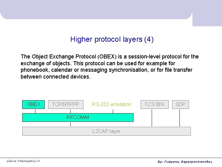 Higher protocol layers (4) The Object Exchange Protocol (OBEX) is a session-level protocol for Higher protocol layers (4) The Object Exchange Protocol (OBEX) is a session-level protocol for