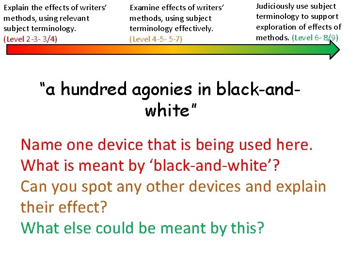 Explain the effects of writers’ methods, using relevant subject terminology. (Level 2 -3 -