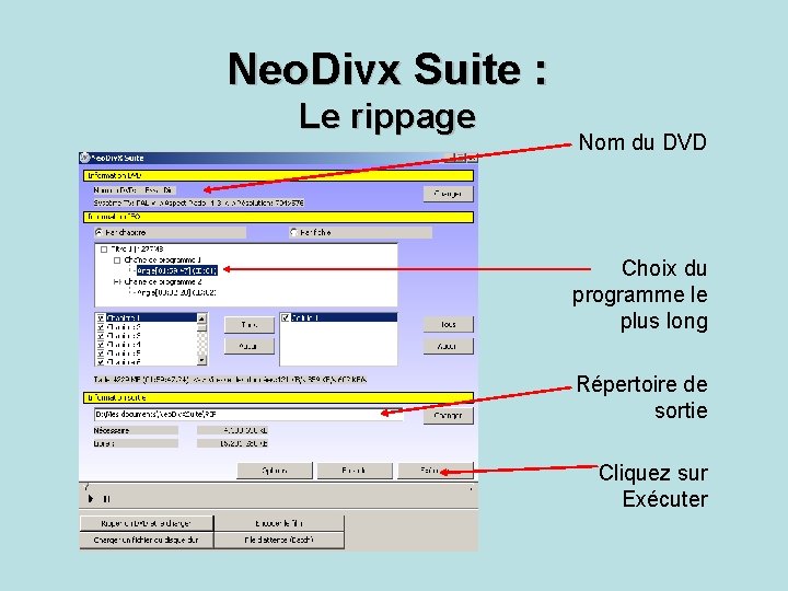 Neo. Divx Suite : Le rippage Nom du DVD Choix du programme le plus