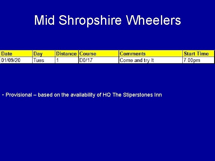 Mid Shropshire Wheelers • Provisional – based on the availability of HQ The Stiperstones
