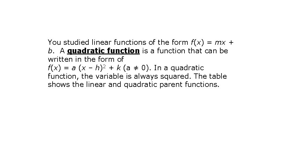 You studied linear functions of the form f(x) = mx + b. A quadratic