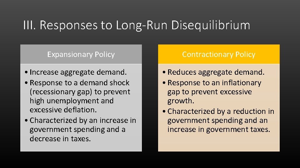 III. Responses to Long-Run Disequilibrium Expansionary Policy Contractionary Policy • Increase aggregate demand. •