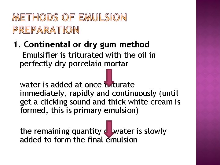 1. Continental or dry gum method Emulsifier is triturated with the oil in perfectly