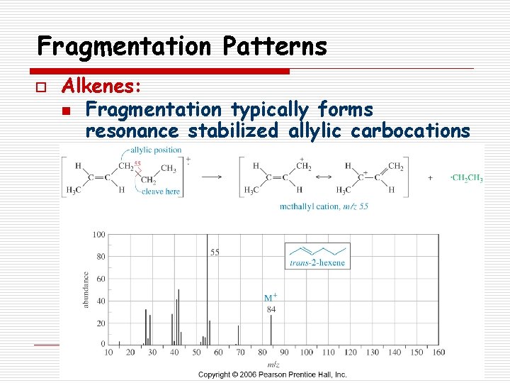 Fragmentation Patterns o Alkenes: n Fragmentation typically forms resonance stabilized allylic carbocations 