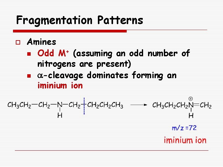 Fragmentation Patterns o Amines n Odd M+ (assuming an odd number of nitrogens are