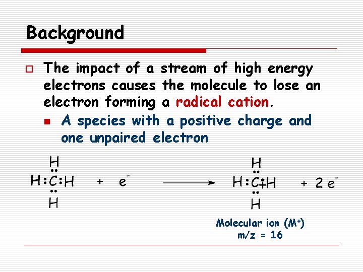 Background o The impact of a stream of high energy electrons causes the molecule