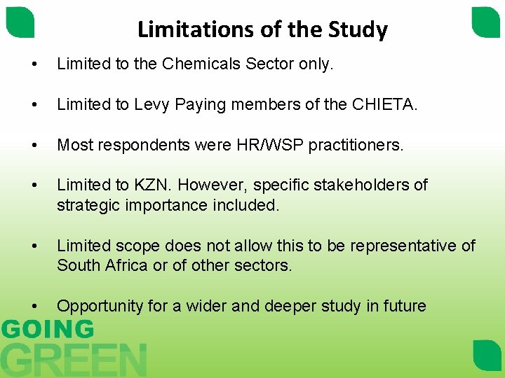 Limitations of the Study • Limited to the Chemicals Sector only. • Limited to