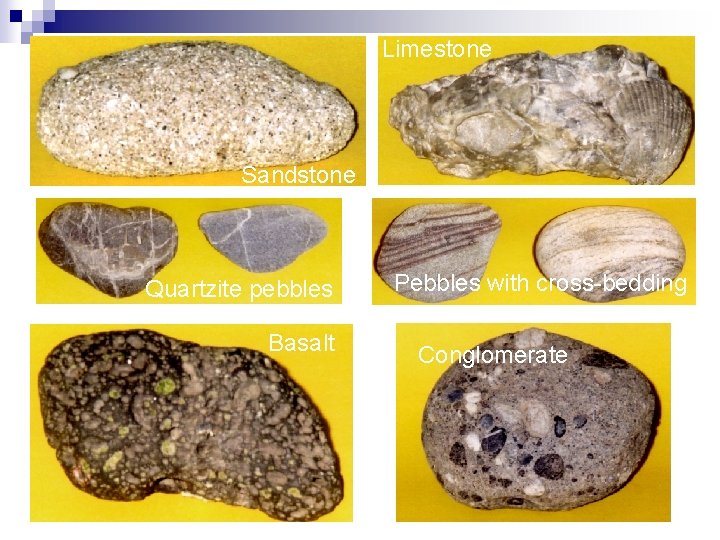 Limestone Sandstone Quartzite pebbles Basalt Pebbles with cross-bedding Conglomerate 