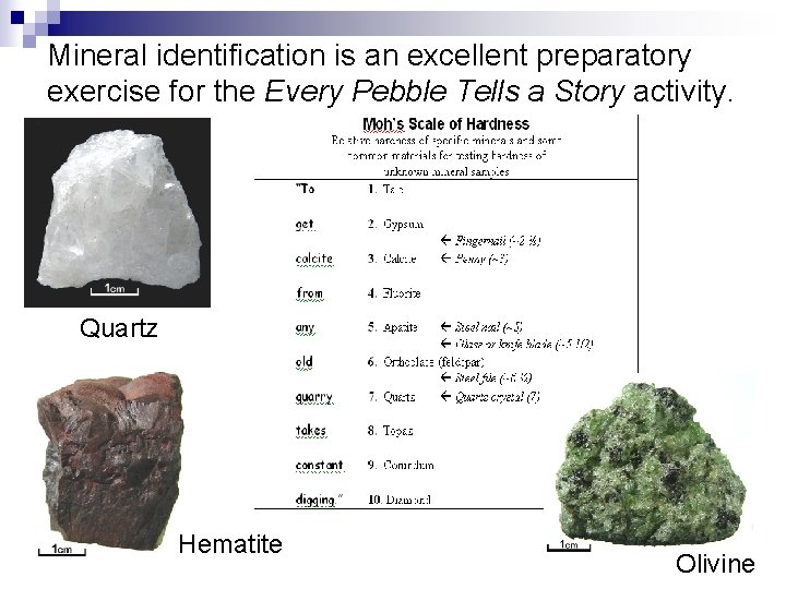 Mineral identification is an excellent preparatory exercise for the Every Pebble Tells a Story