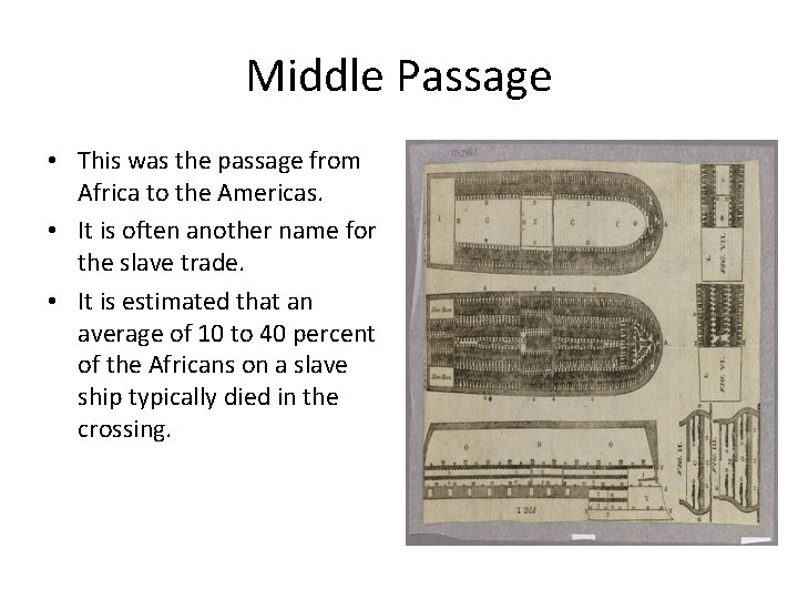 Middle Passage • This was the passage from Africa to the Americas. • It