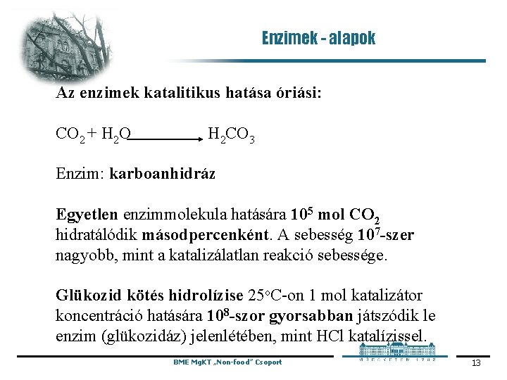 Enzimek - alapok Az enzimek katalitikus hatása óriási: CO 2 + H 2 O