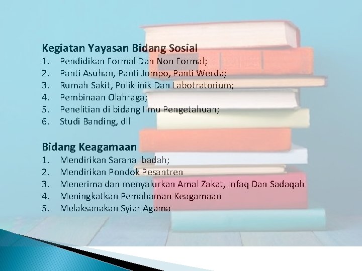 Kegiatan Yayasan Bidang Sosial 1. 2. 3. 4. 5. 6. Pendidikan Formal Dan Non