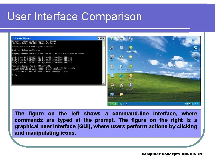 User Interface Comparison The figure on the left shows a command-line interface, where commands