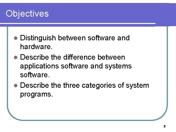 Objectives Distinguish between software and hardware. l Describe the difference between applications software and