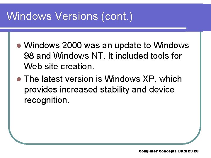 Windows Versions (cont. ) Windows 2000 was an update to Windows 98 and Windows