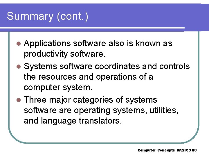 Summary (cont. ) Applications software also is known as productivity software. l Systems software