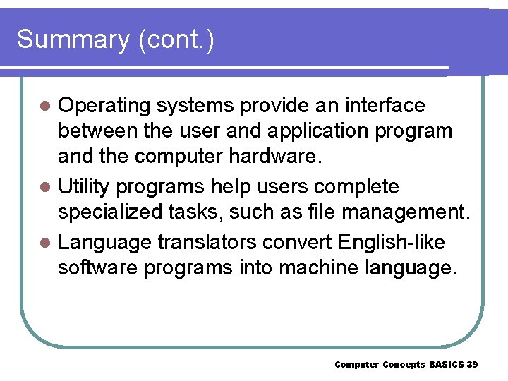 Summary (cont. ) Operating systems provide an interface between the user and application program
