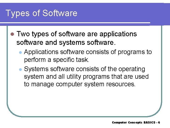 Types of Software l Two types of software applications software and systems software. Applications