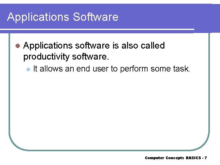 Applications Software l Applications software is also called productivity software. l It allows an