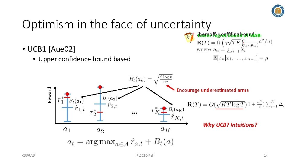 Optimism in the face of uncertainty Chernoff-Hoeffding Lower regret bound of MAB: • UCB Optimism in the face of uncertainty Chernoff-Hoeffding Lower regret bound of MAB: • UCB