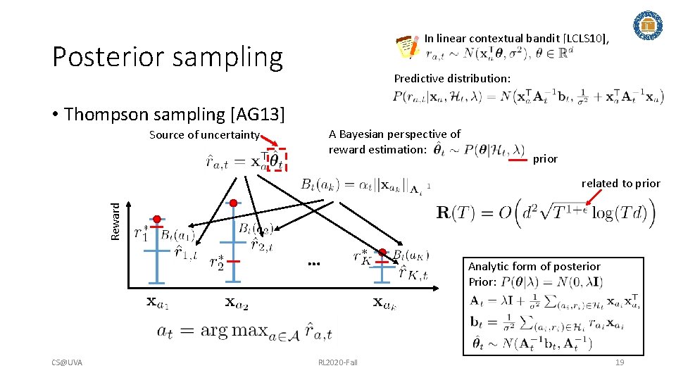 In linear contextual bandit [LCLS 10], Posterior sampling Predictive distribution: • Thompson sampling [AG