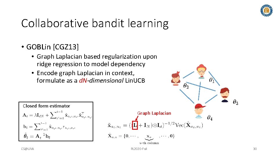 Collaborative bandit learning • GOBLin [CGZ 13] • Graph Laplacian based regularization upon ridge