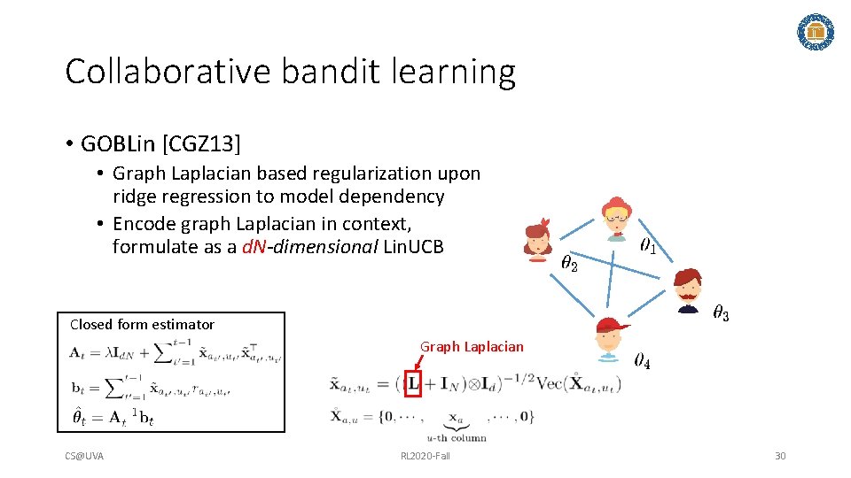 Collaborative bandit learning • GOBLin [CGZ 13] • Graph Laplacian based regularization upon ridge