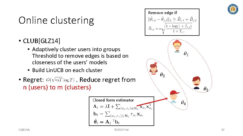 Remove edge if Online clustering • CLUB[GLZ 14] • Adaptively cluster users into groups