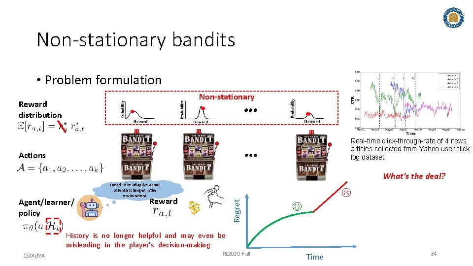 Non-stationary bandits • Problem formulation Non-stationary … Reward distribution Real-time click-through-rate of 4 news