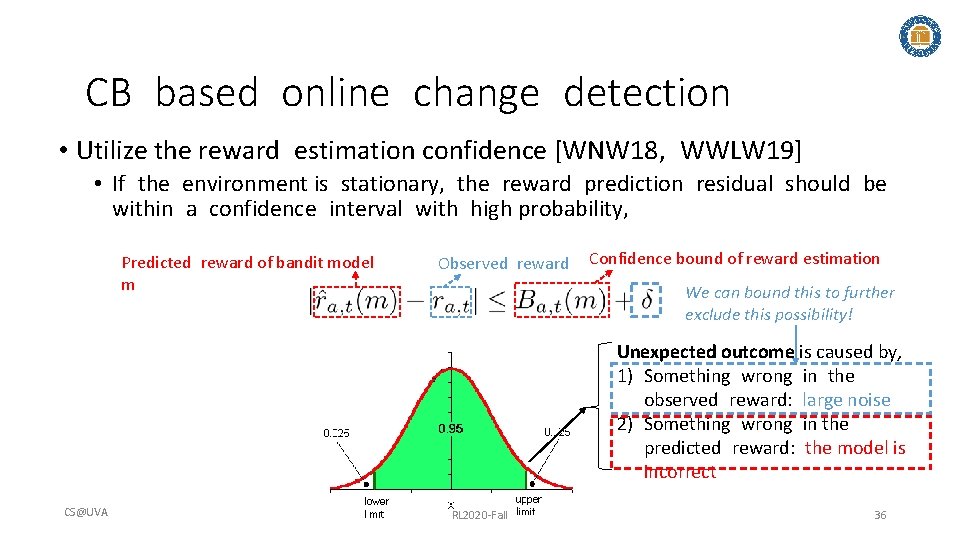 CB based online change detection • Utilize the reward estimation confidence [WNW 18, WWLW CB based online change detection • Utilize the reward estimation confidence [WNW 18, WWLW
