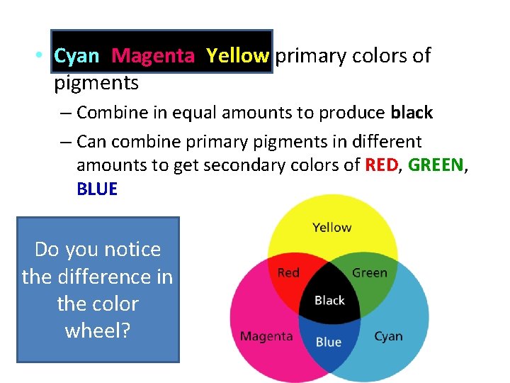  • Cyan, Magenta, Yellow primary colors of pigments – Combine in equal amounts