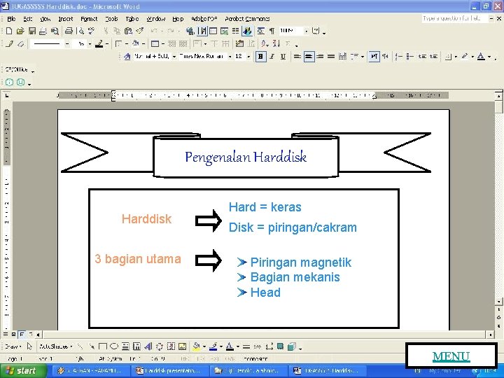 Pengenalan Harddisk 3 bagian utama Hard = keras Disk = piringan/cakram Piringan magnetik Bagian