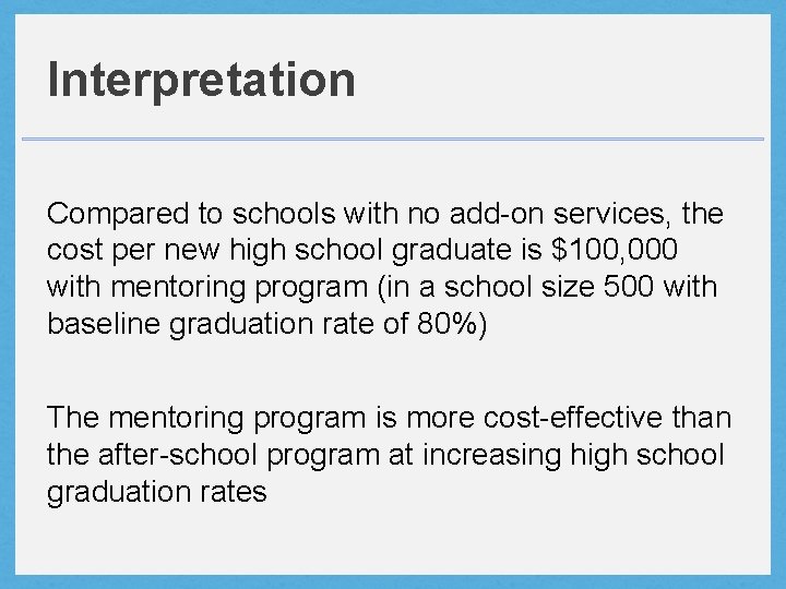 Interpretation Compared to schools with no add-on services, the cost per new high school