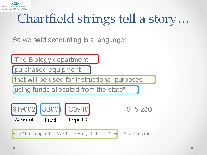 Chartfield strings tell a story… So we said accounting is a language: “The Biology