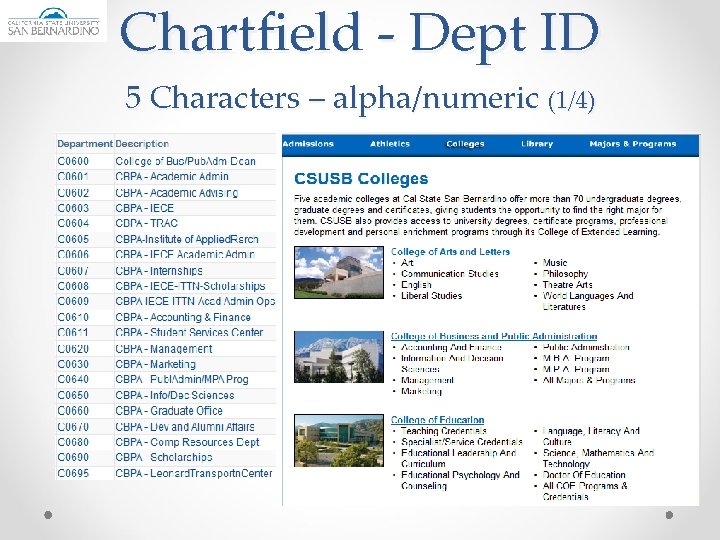 Chartfield - Dept ID 5 Characters – alpha/numeric (1/4) 